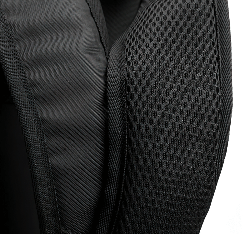 Close-up of black sports backpack showing durable mesh material and sleek design, highlighting its adjustable features and quality.